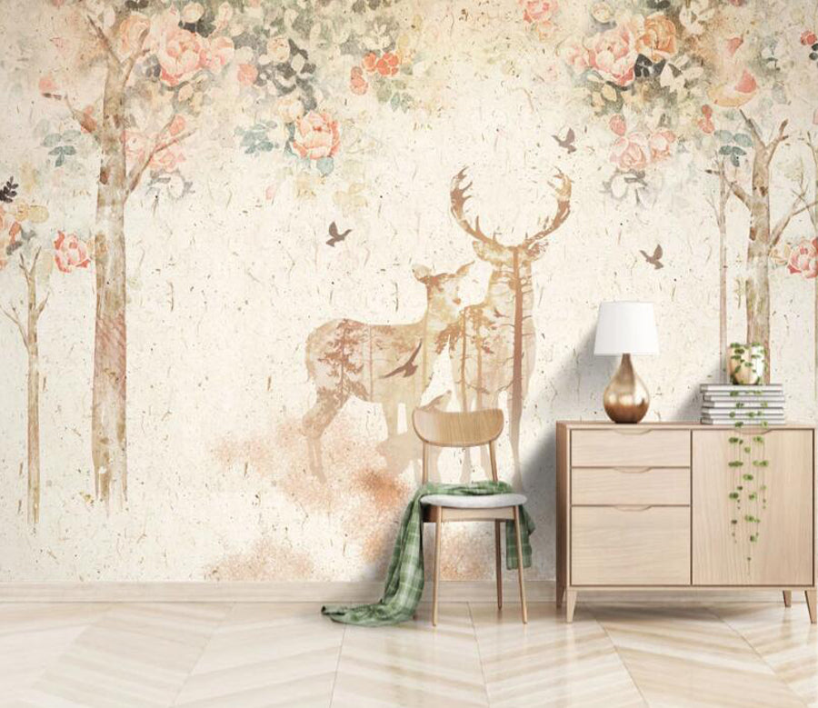 3D Tree Flowers Deer WC2577 Wall Murals