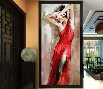 3D Red Dress Girl WG116 Wall Murals