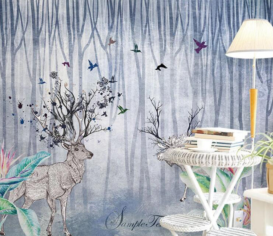 3D Forest Bird Deer WC1577 Wall Murals