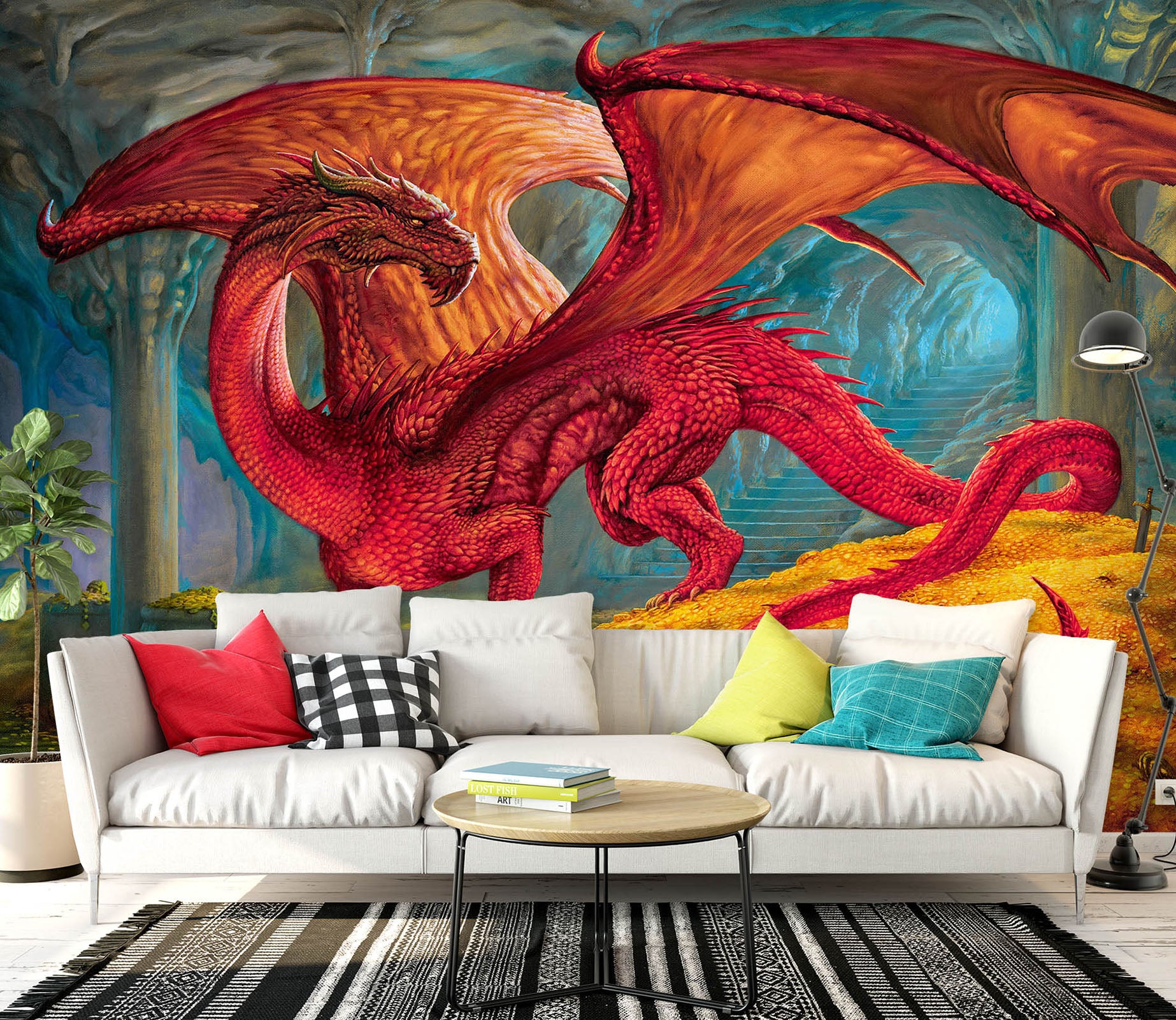 3D Hole Red Dragon 7079 Ciruelo Wall Mural Wall Murals