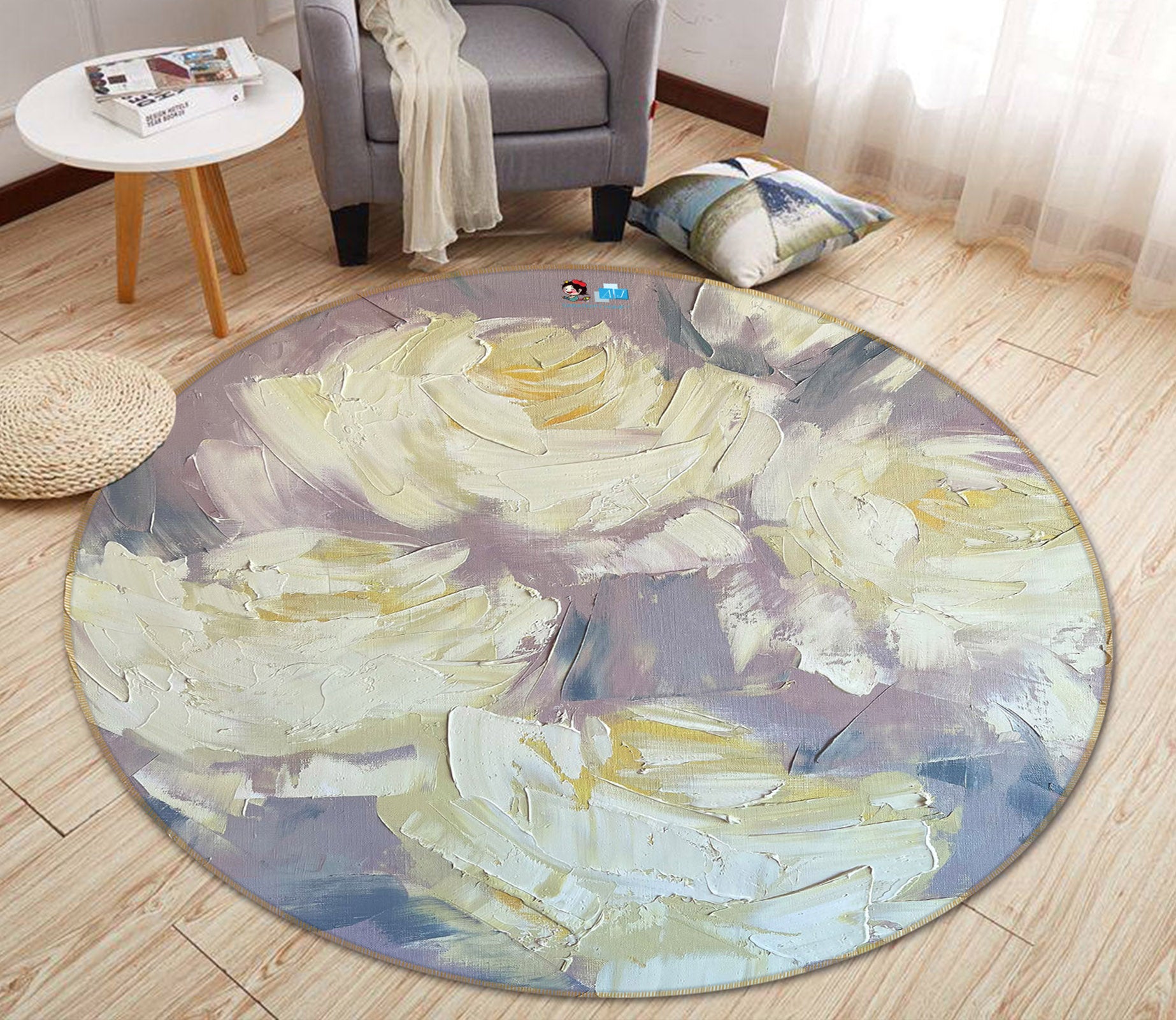 3D Yellow Rose 3890 Skromova Marina Rug Round Non Slip Rug Mat