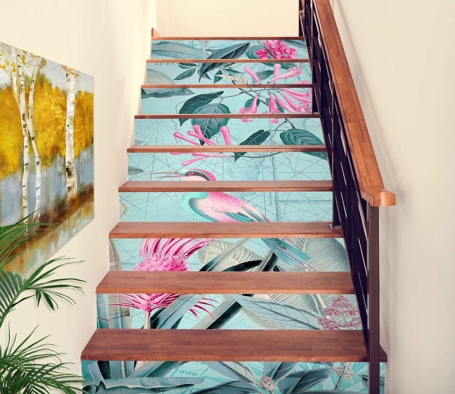 3D Pink Green Leaves Bird 104129 Andrea Haase Stair Risers