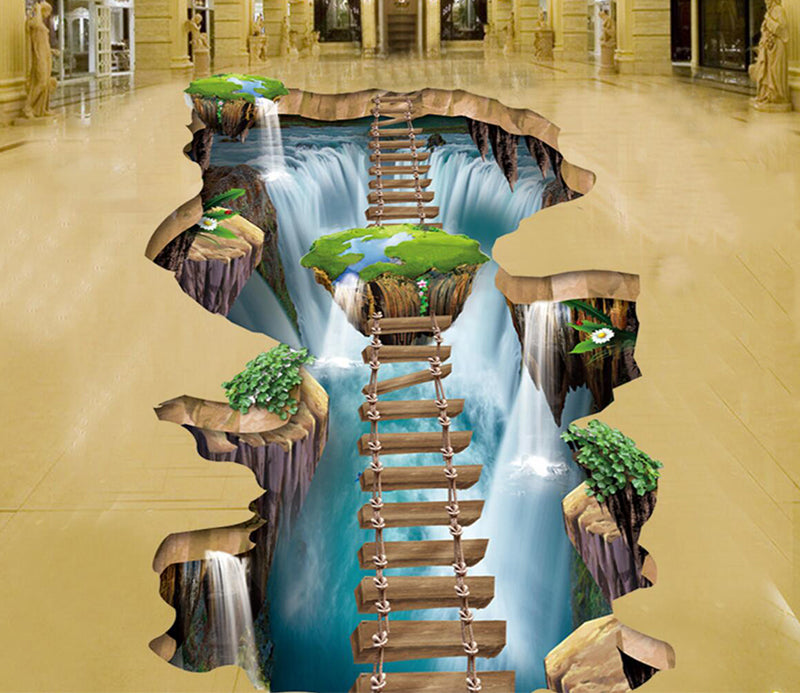 3D Waterfall Wooden Bridge 154 Floor Mural  Self-Adhesive Sticker Bathroom Non-slip Waterproof Flooring Murals