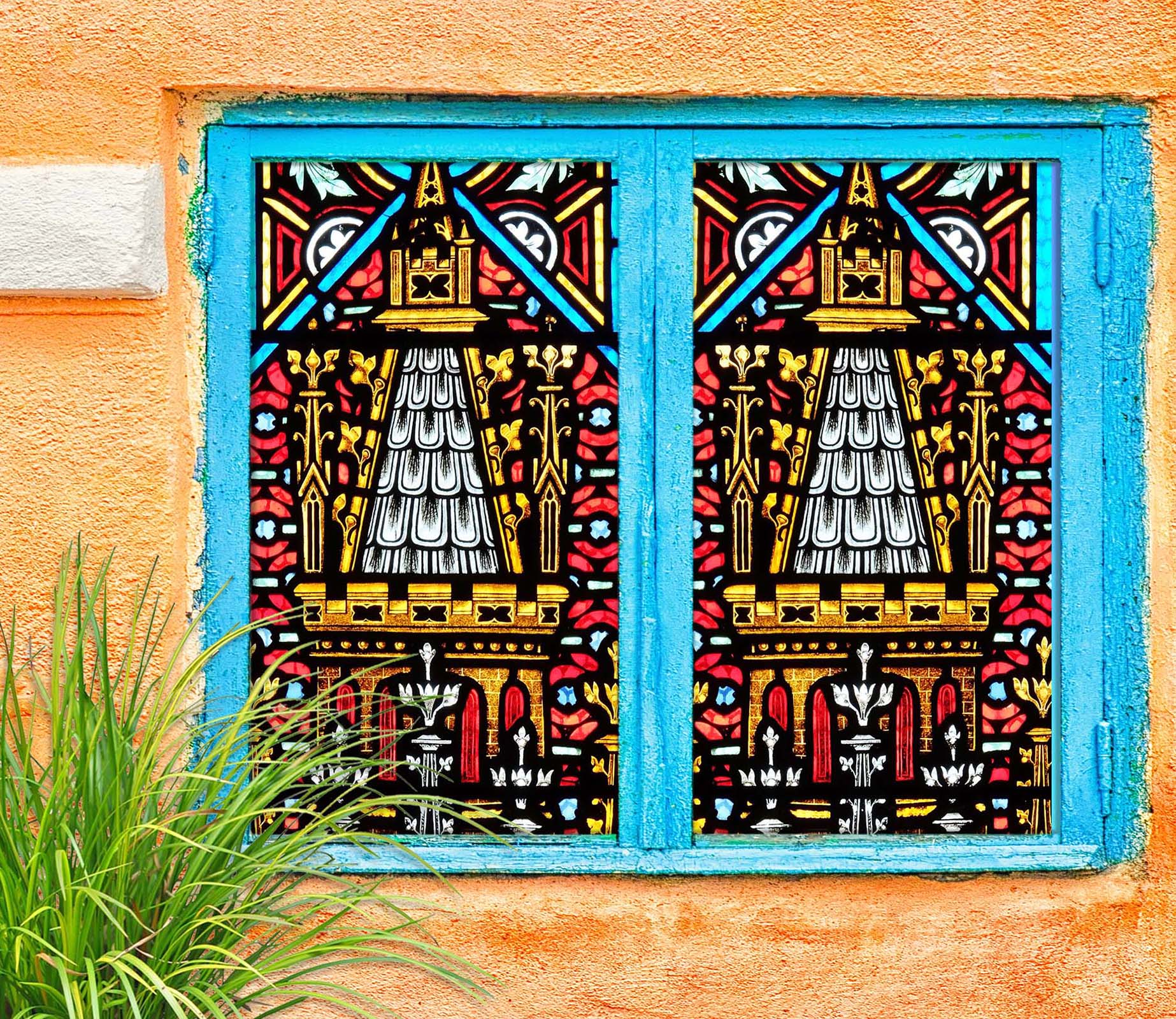 3D Golden Church 216 Window Film Print Sticker Cling Stained Glass UV Block