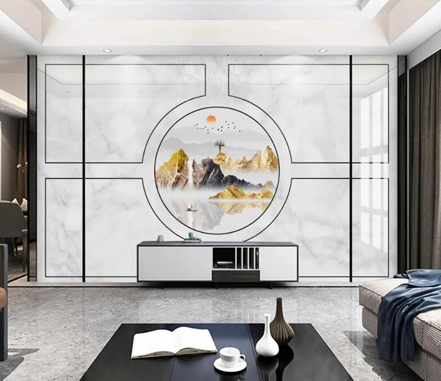 3D Golden Mountain Red Sun 784 Wall Murals