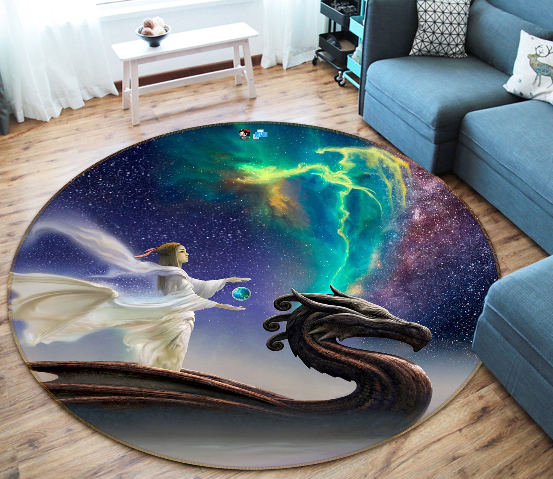 3D Starry Sky People Bead Dragon 6157 Ciruelo Rug Round Non Slip Rug Mat