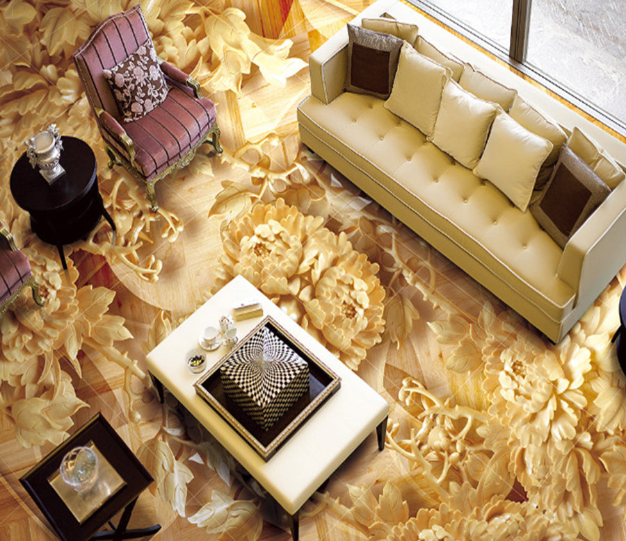 3D Golden Flower Carving 256 Floor Mural  Wallpaper Murals Rug & Mat Print Epoxy waterproof bath floor