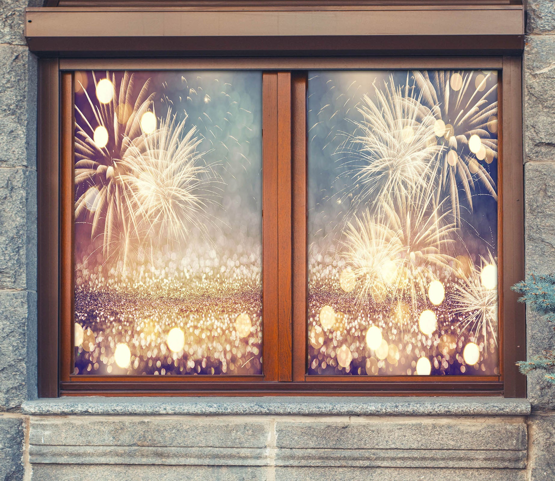 3D Fireworks 31047 Christmas Window Film Print Sticker Cling Stained Glass Xmas