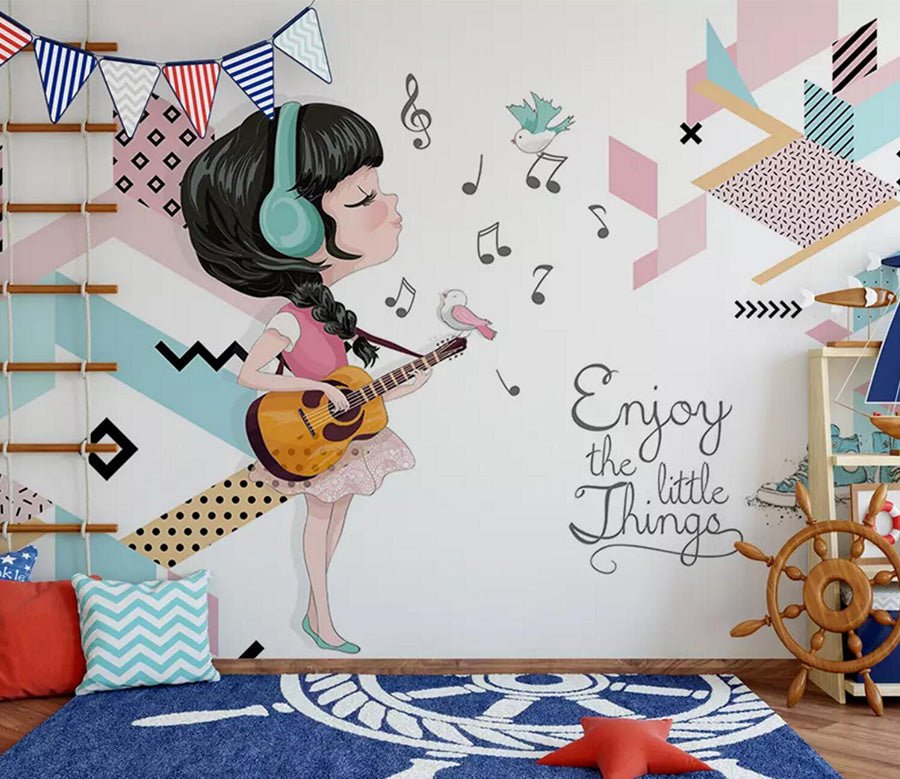 3D Guitar Woman Headphones WC678 Wall Murals