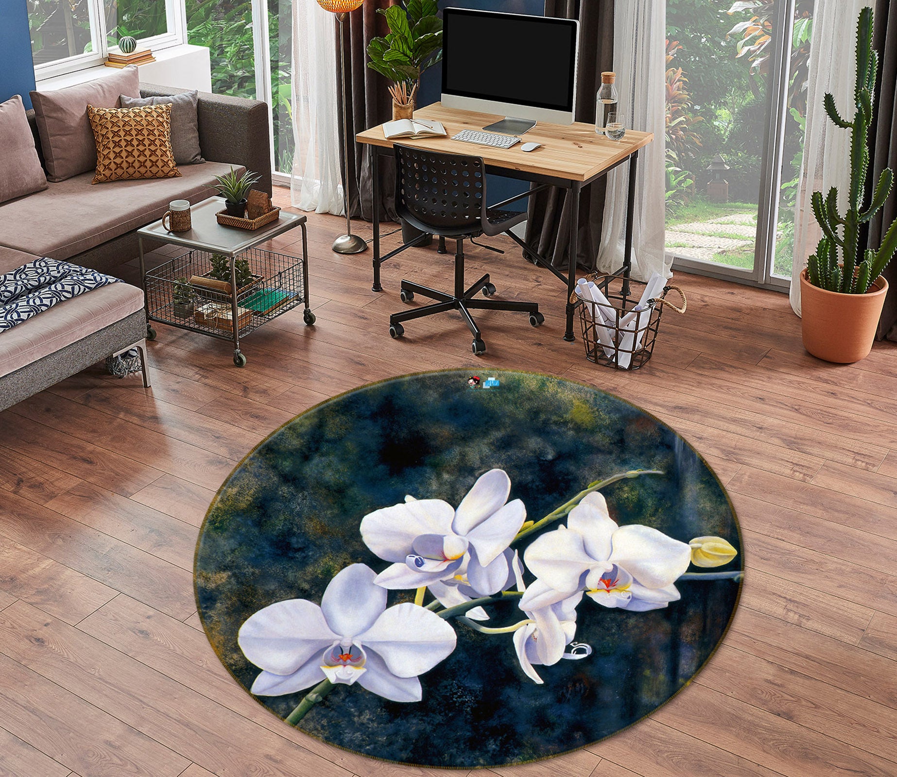 3D White Flowers 11091 Matthew Holden Bates Rug Round Non Slip Rug Mat