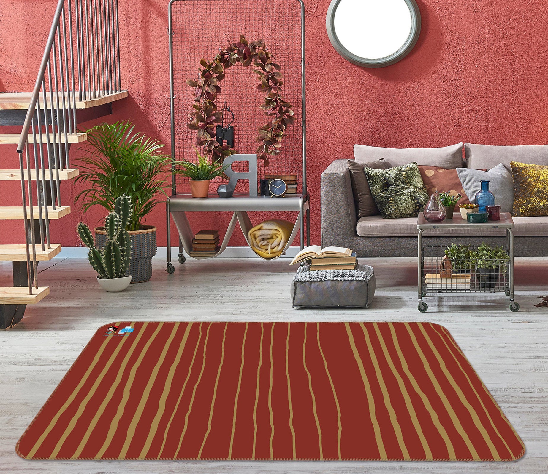 3D Red Yellow Stripes 9883 Kasumi Loffler Rug Non Slip Rug Mat