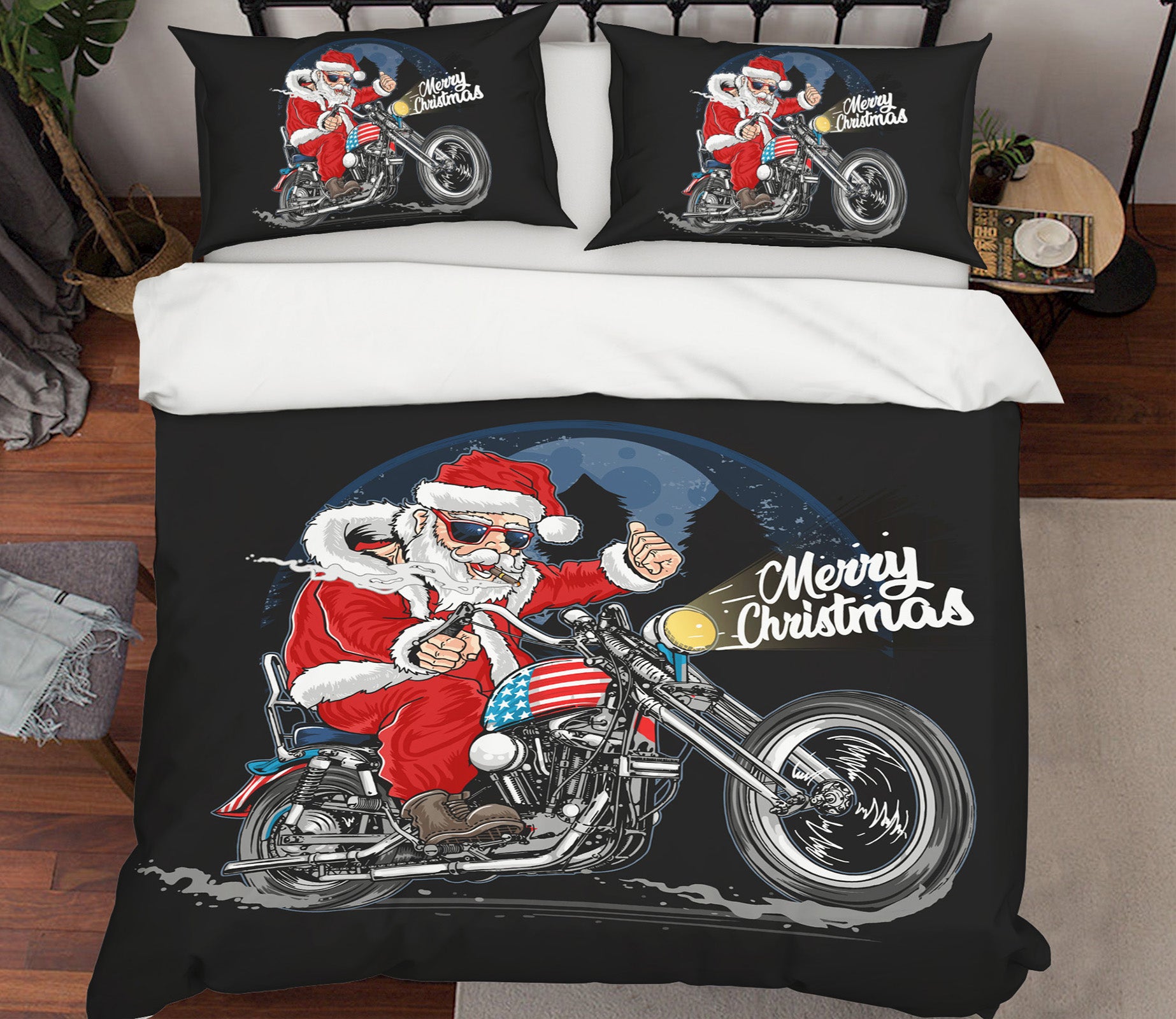 3D Santa Riding Motorcycle 64034 Bed Pillowcases Quilt