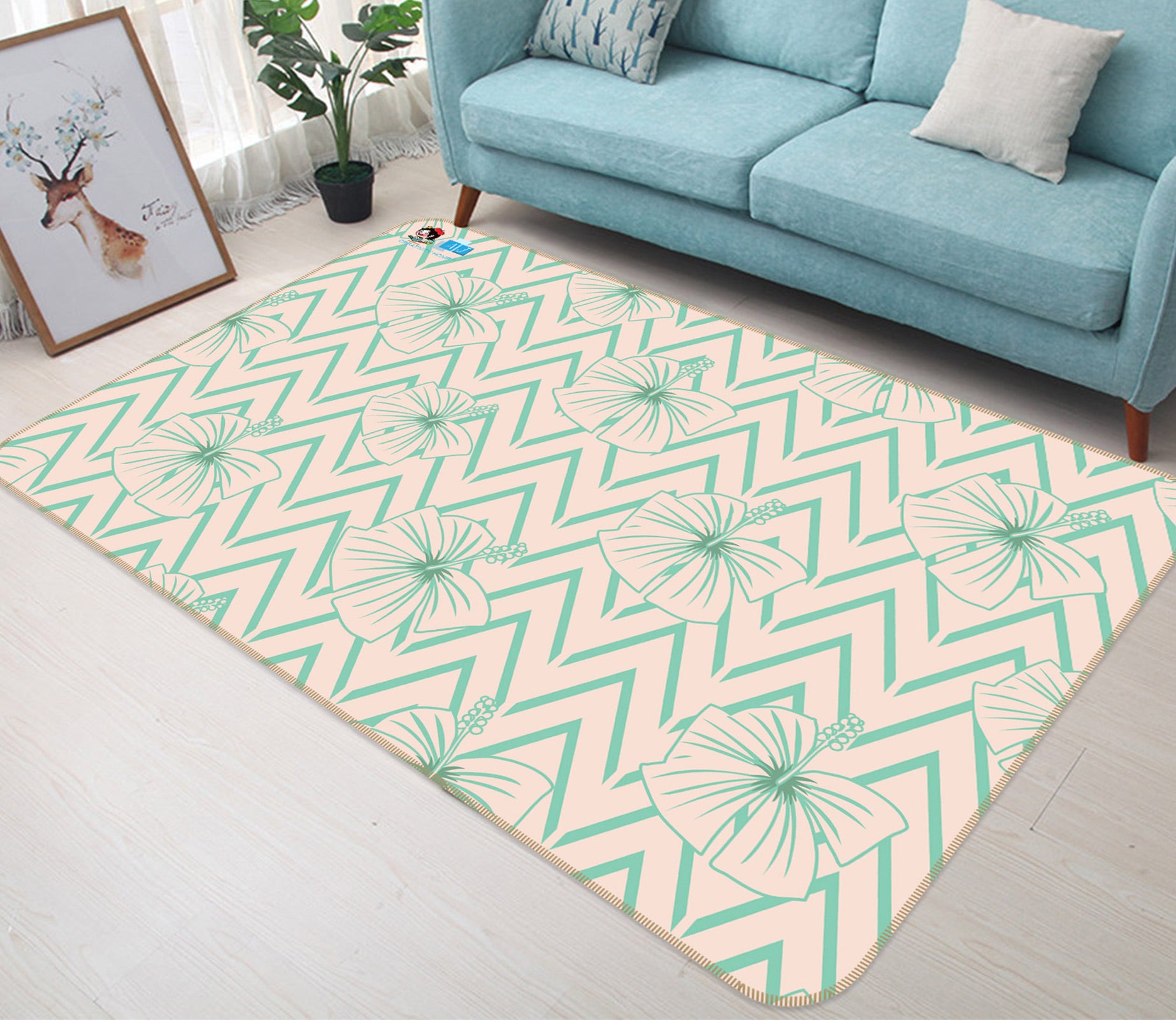 3D Green Striped Flower Lines 9874 Kasumi Loffler Rug Non Slip Rug Mat