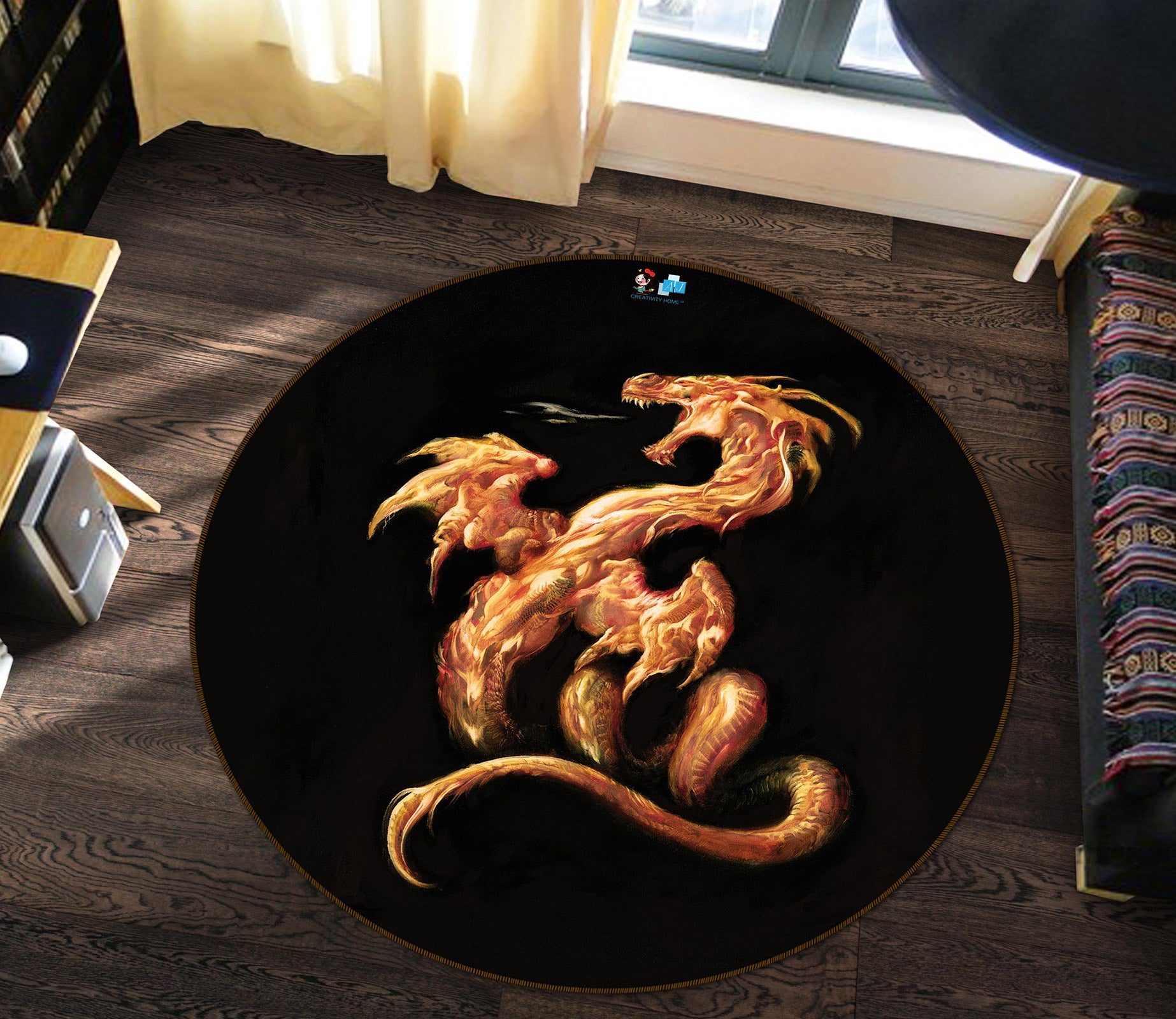 3D Dragon Gold 6136 Ciruelo Rug Round Non Slip Rug Mat