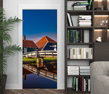 3D Riverside Wooden Bridge Houses 114103 Marco Carmassi Door Mural