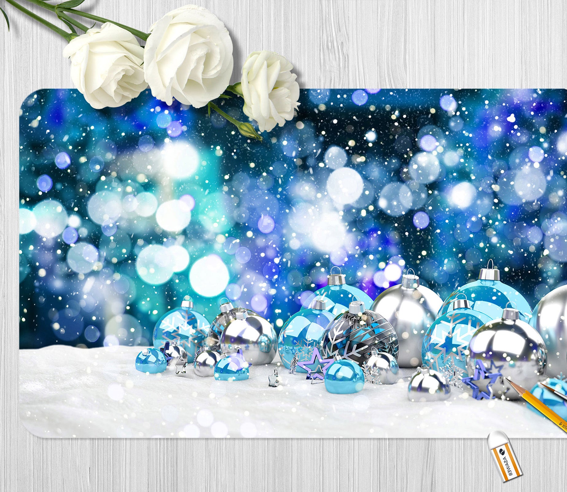 3D Silver Blue Ball 53198 Christmas Desk Mat Xmas