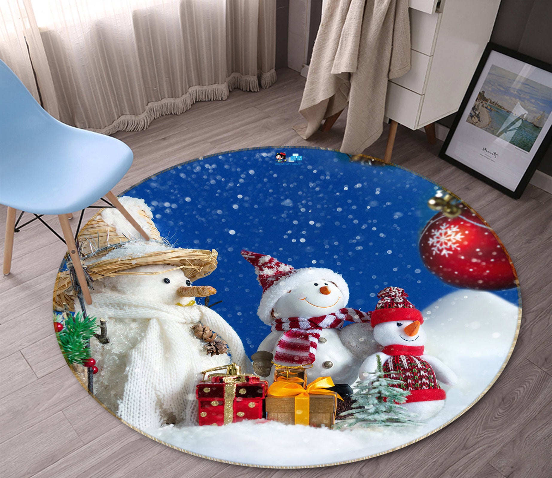 3D Snowman 55253 Christmas Round Non Slip Rug Mat Xmas