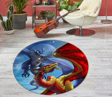 3D Blue Red Dragon 4194 Tom Wood Rug Round Non Slip Rug Mat