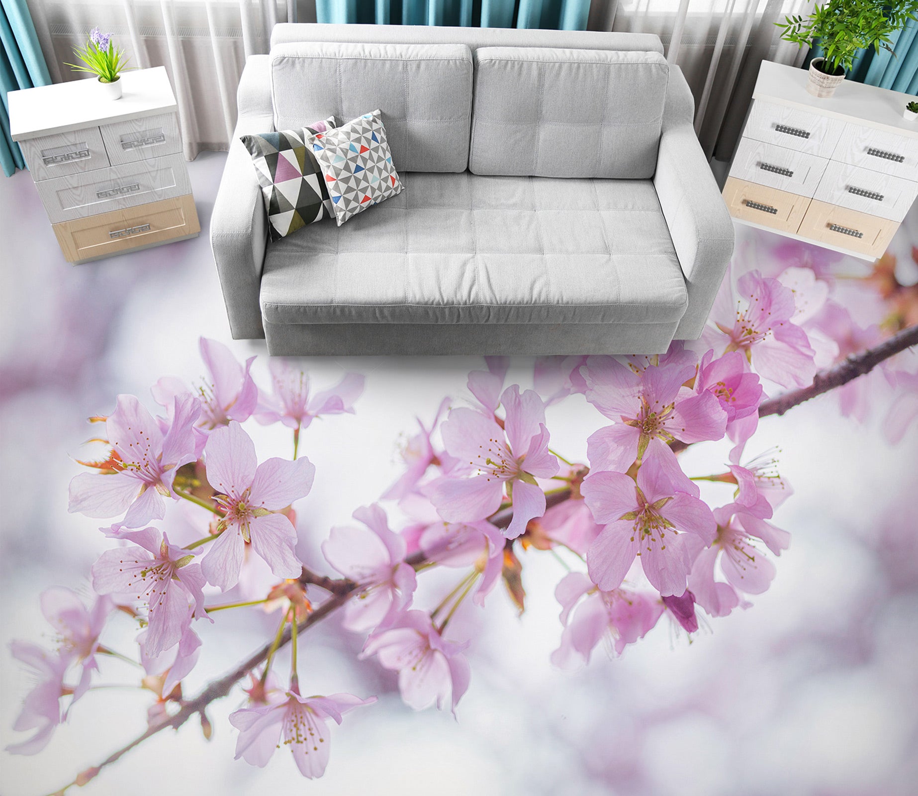 3D Pink Cherry Blossom Branch 9852 Assaf Frank Floor Mural  Wallpaper Murals Self-Adhesive Removable Print Epoxy