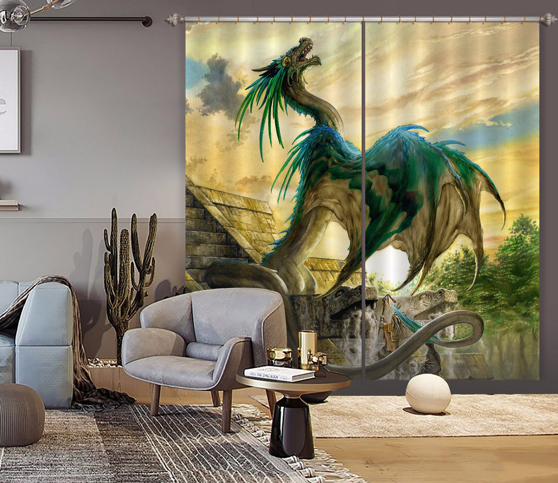 3D Blue-Green Dragon 8014 Ciruelo Curtain Curtains Drapes