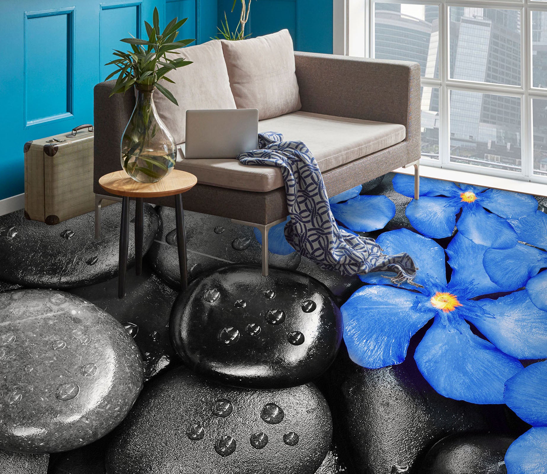 3D Quiet Blue Flowers 1441 Floor Mural  Wallpaper Murals Self-Adhesive Removable Print Epoxy