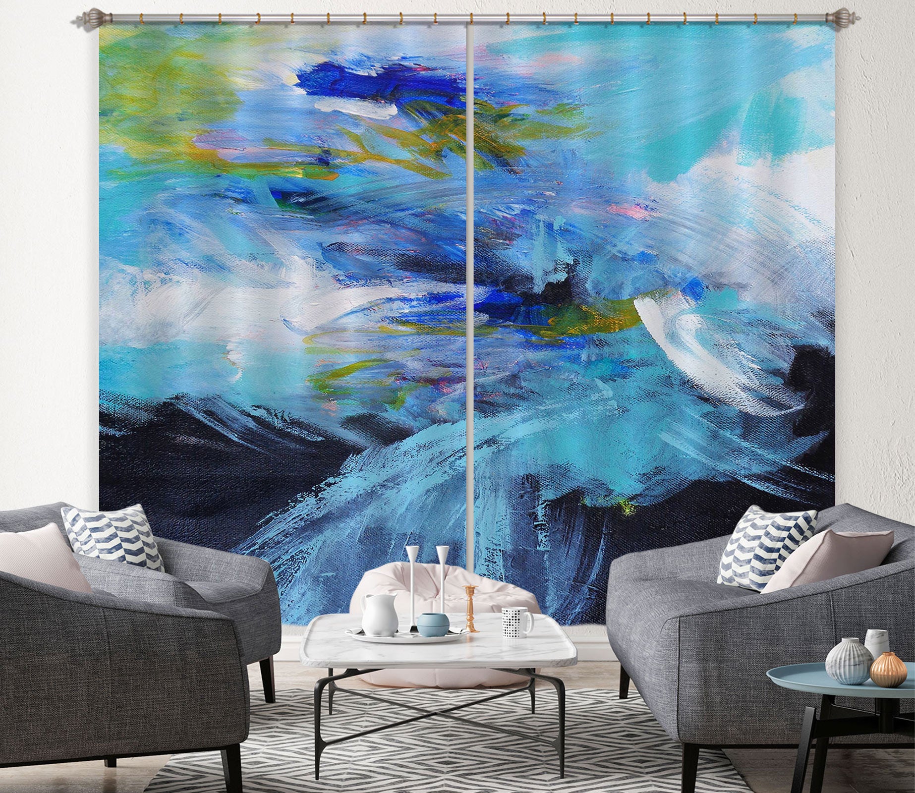 3D Blue Watercolor 2314 Misako Chida Curtain Curtains Drapes