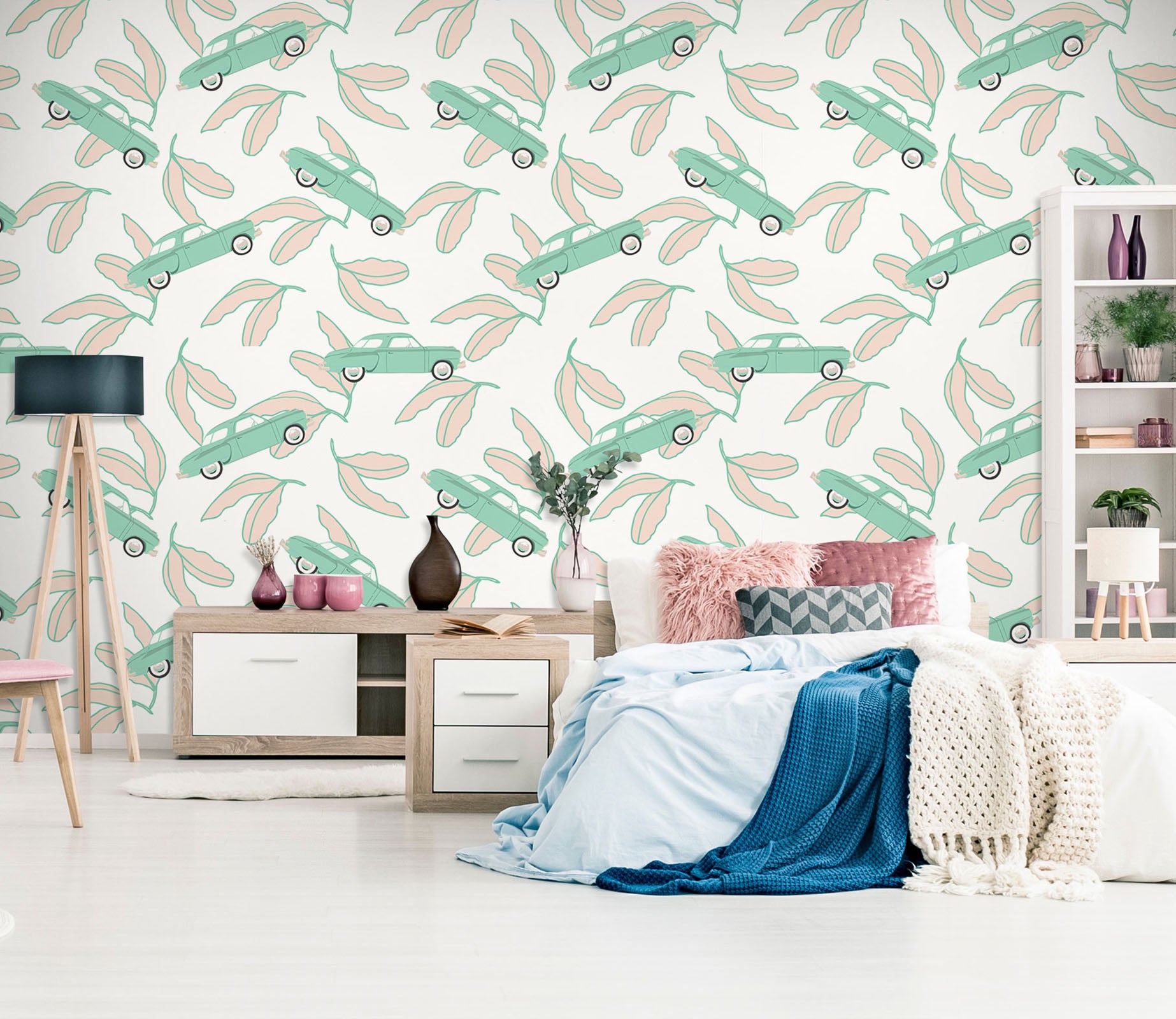 3D Green Car Leaves Pattern 98131 Kasumi Loffler Wall Mural Wall Murals