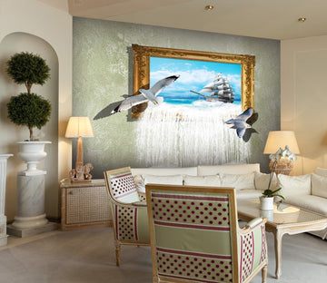 3D oil painting with seagulls and ship 20 Wall Murals Wallpaper AJ Wallpaper 