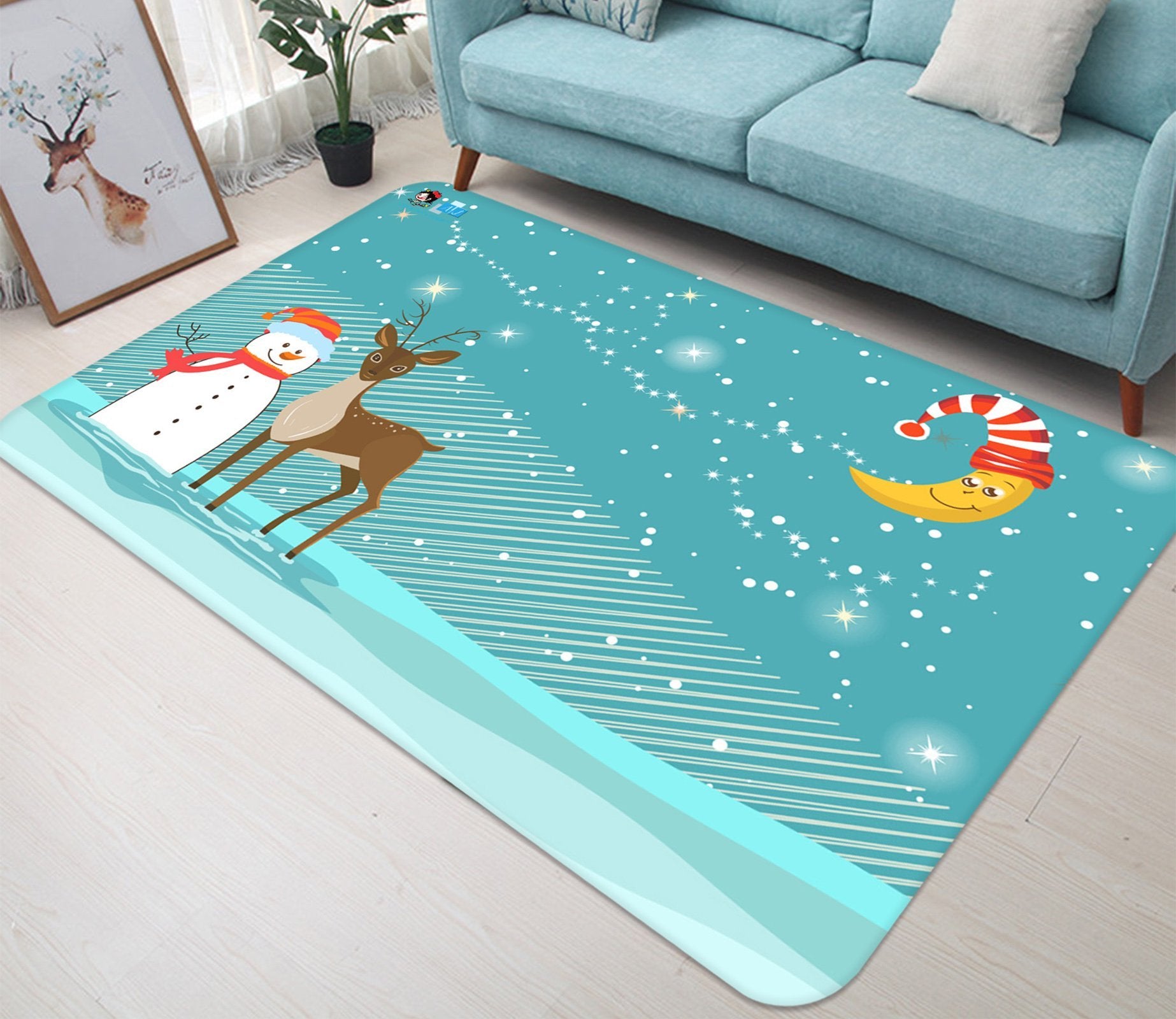 3D Snowman Deer Moon 034 Non Slip Rug Mat Mat AJ Creativity Home 