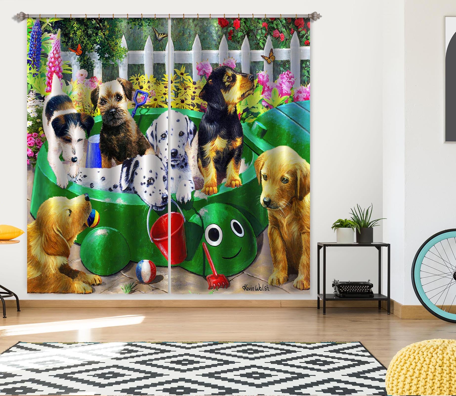 3D Dog Playing 139 Kevin Walsh Curtain Curtains Drapes
