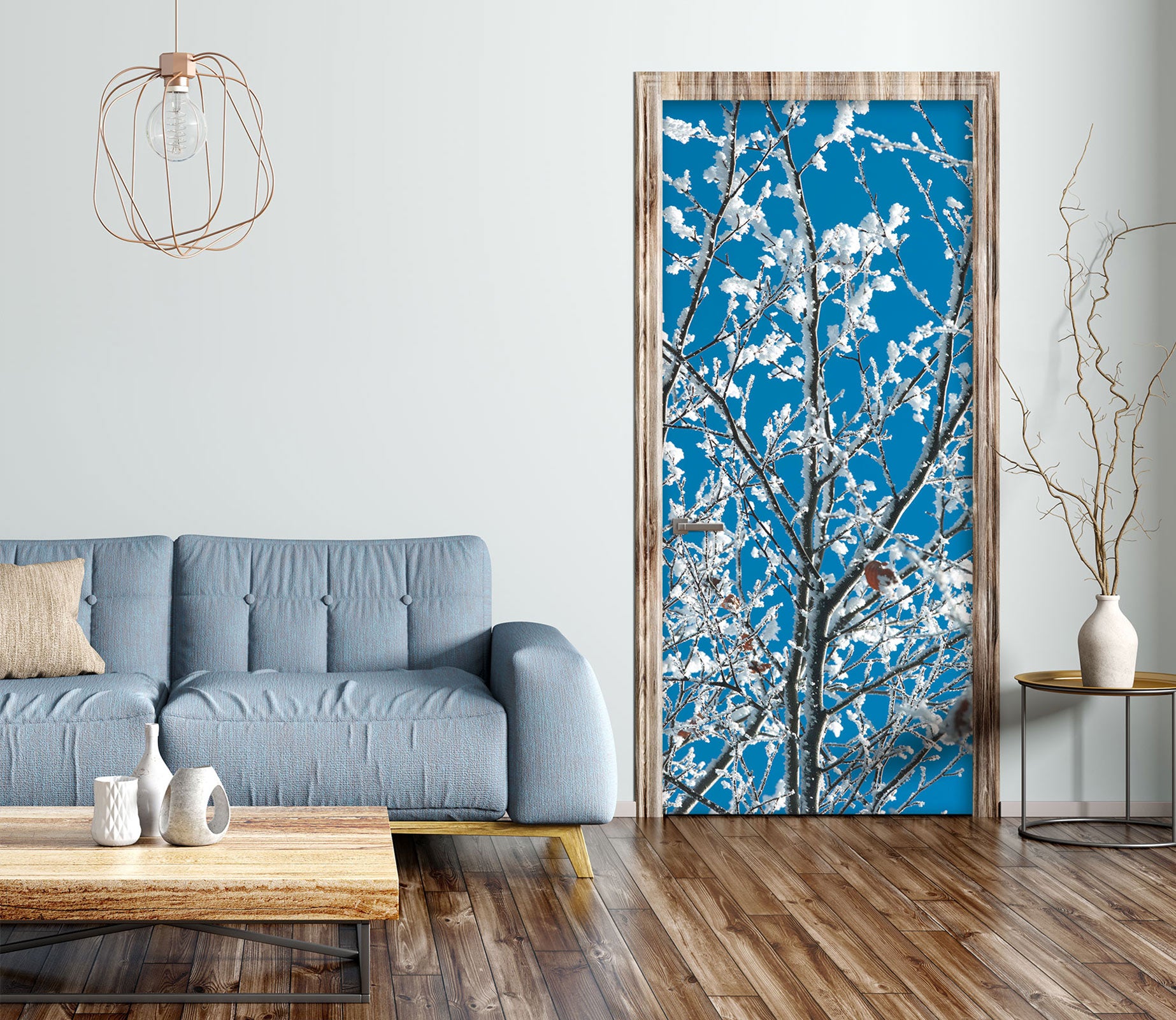 3D Blue White Branch 106220 Assaf Frank Door Mural