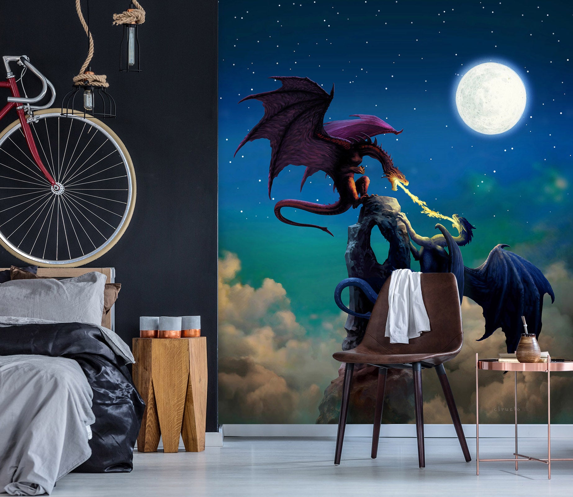 3D Night Moon Dragon 7148 Ciruelo Wall Mural Wall Murals