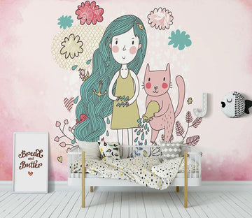 3D Girl And Cat 911 Wall Murals