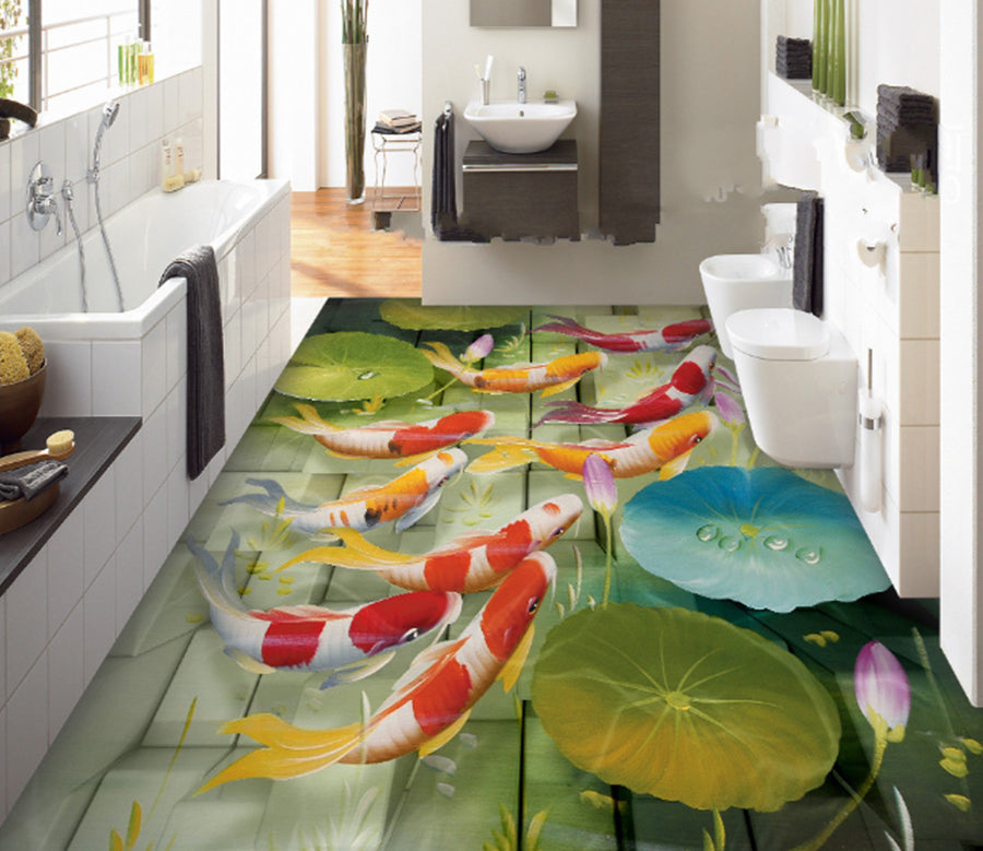 3D Lotus Leaf Koi 411 Floor Mural  Wallpaper Murals Rug & Mat Print Epoxy waterproof bath floor
