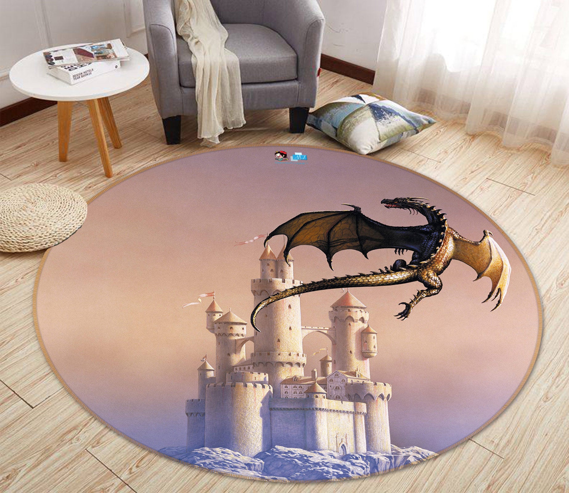 3D White Castle Dragon 6060 Ciruelo Rug Round Non Slip Rug Mat