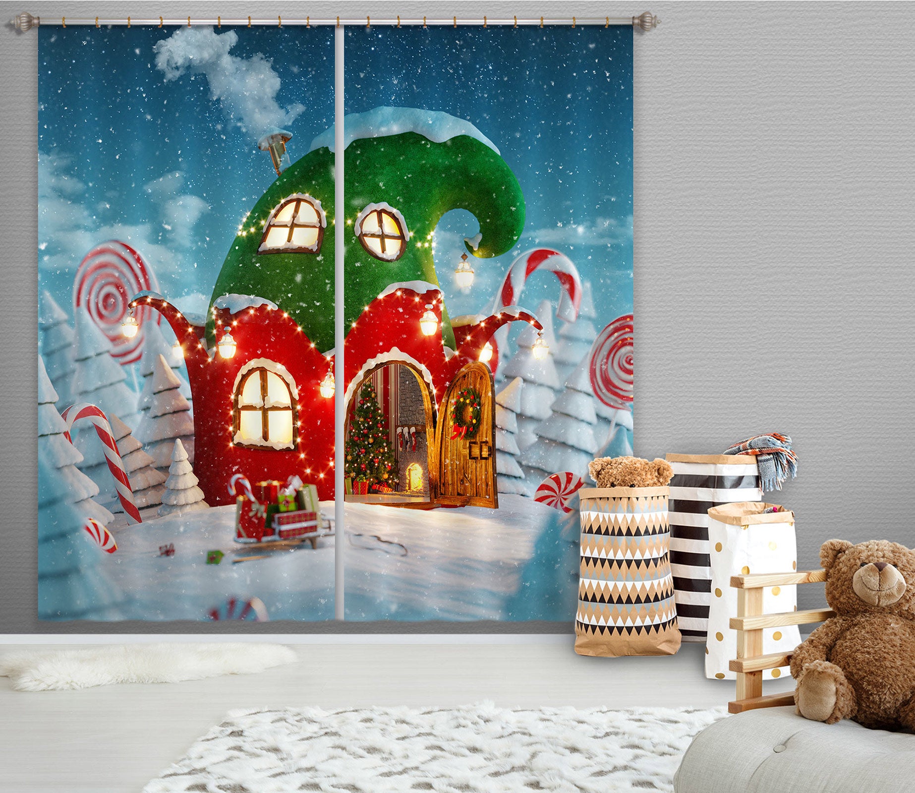 3D Red Green Cottage 53101 Christmas Curtains Drapes Xmas