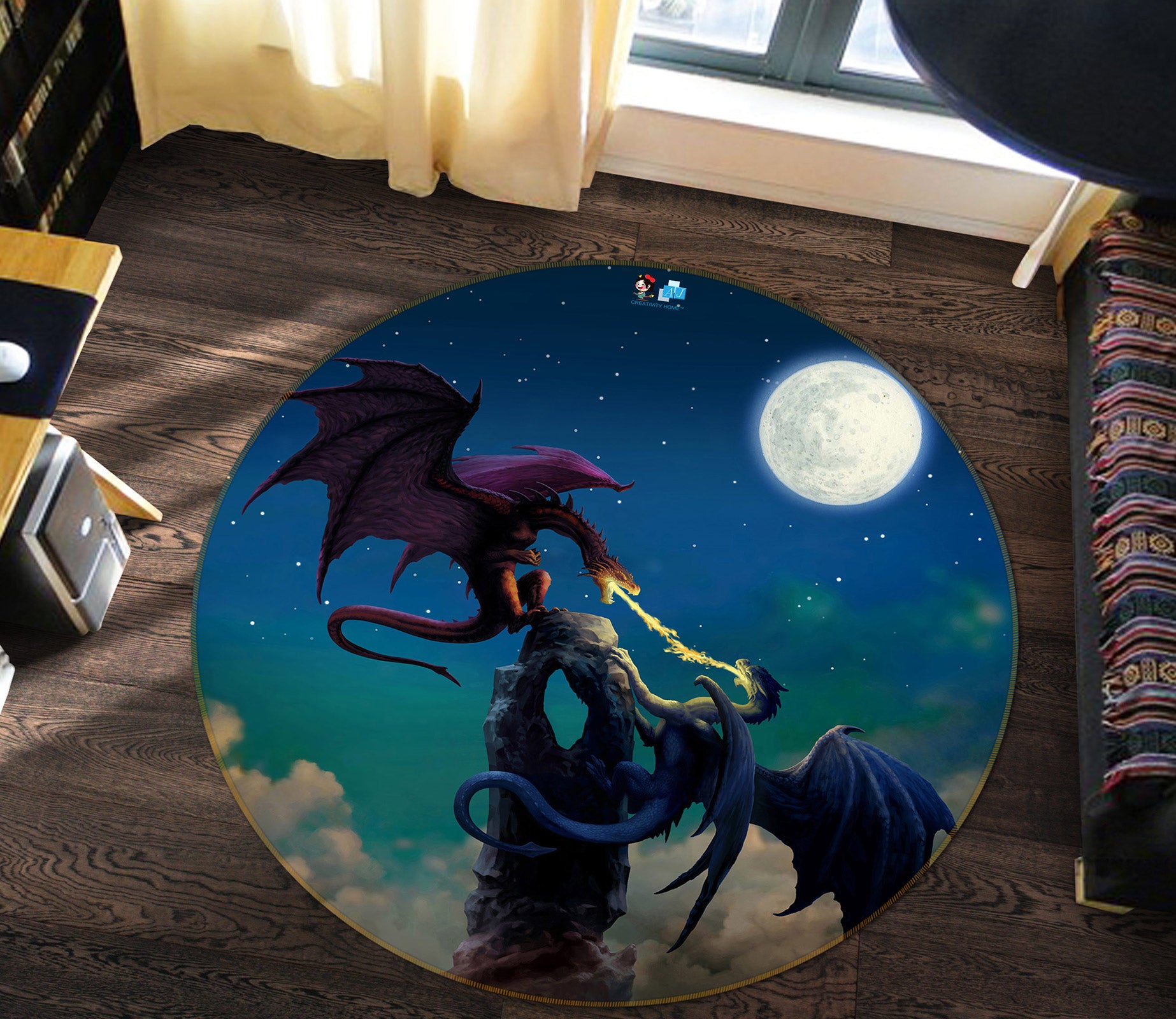 3D Night Starry Sky Moon Dragon 6148 Ciruelo Rug Round Non Slip Rug Mat