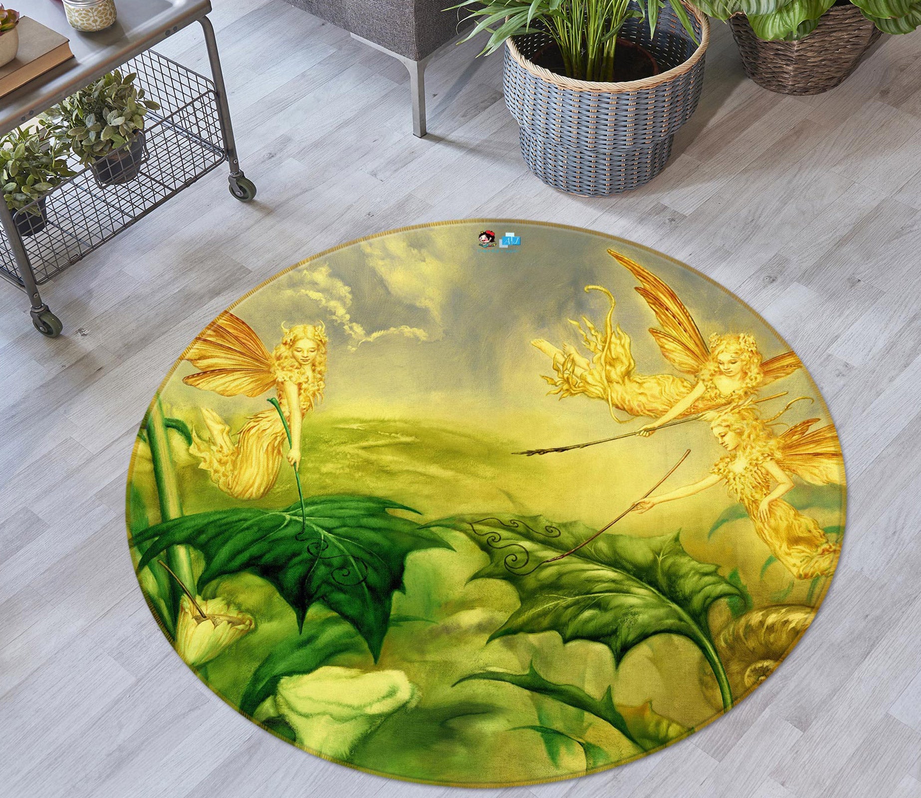 3D Leaves Golden Elf 6132 Ciruelo Rug Round Non Slip Rug Mat