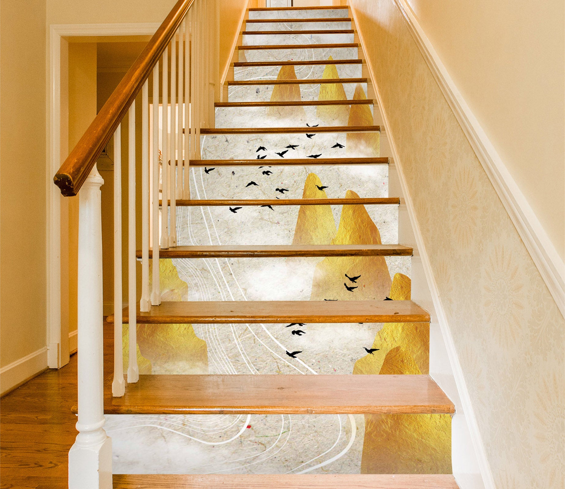 3D Yellow Sand Flying Bird 612 Stair Risers