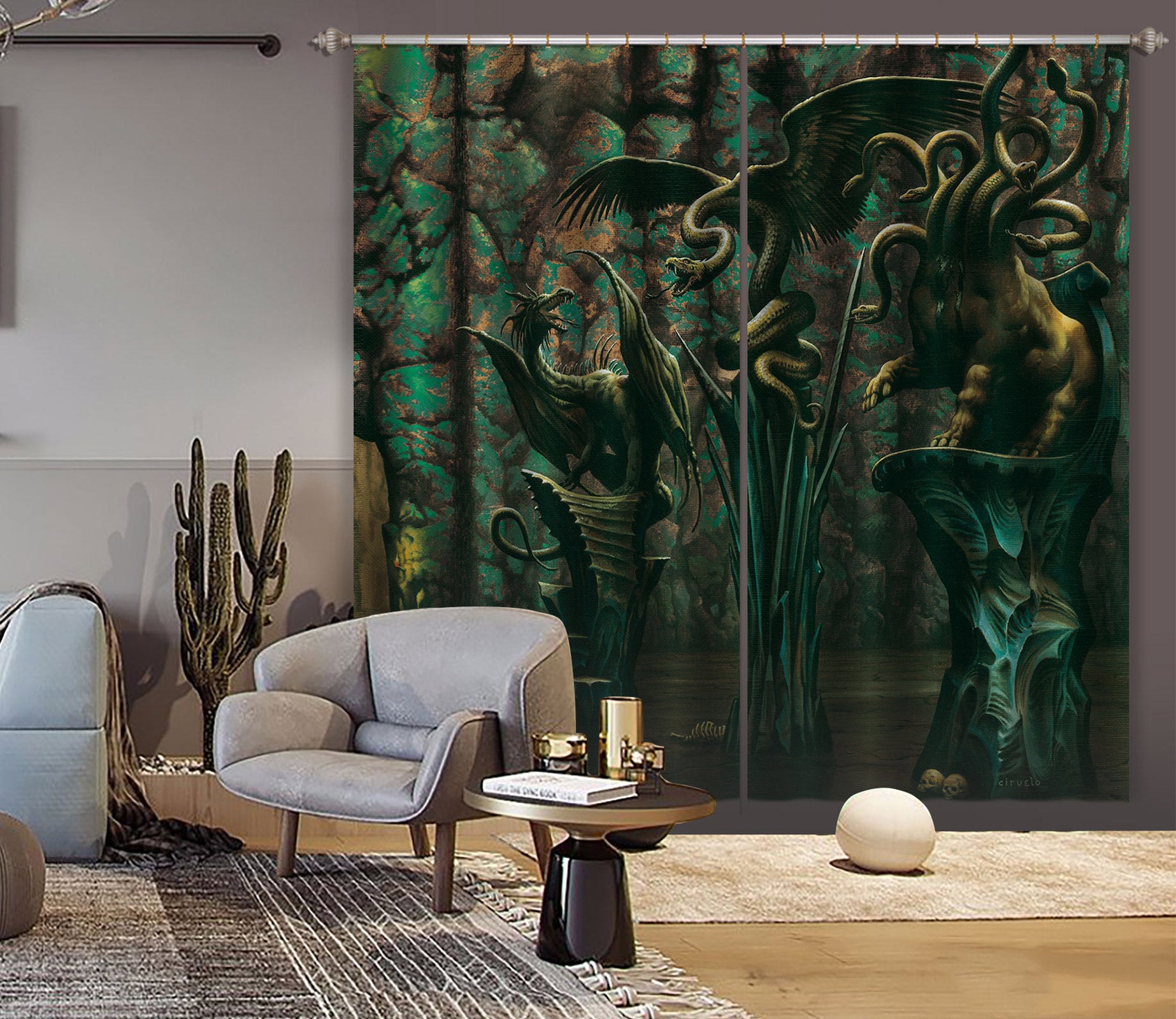 3D Animal Statue 7183 Ciruelo Curtain Curtains Drapes