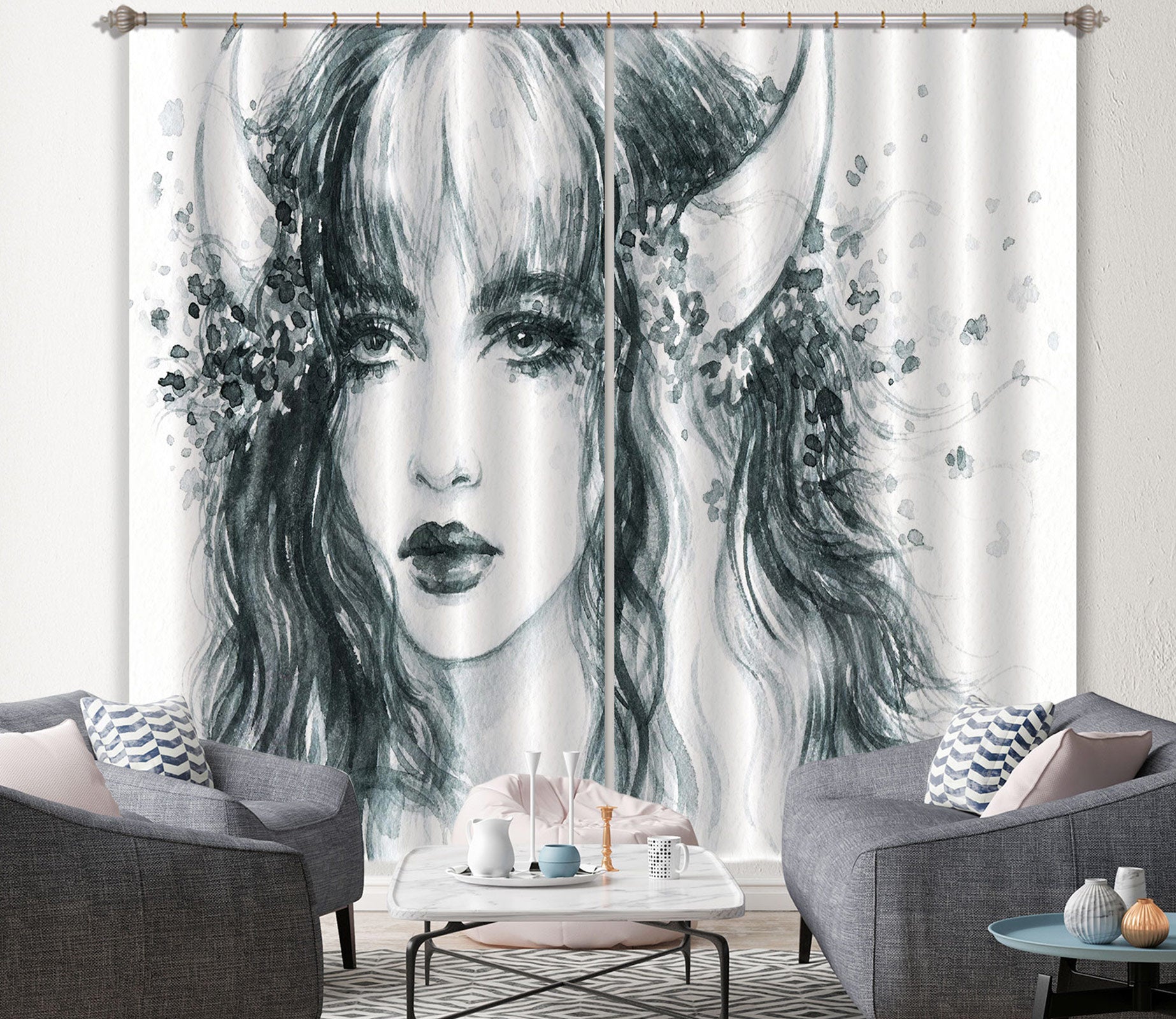 3D Horn Woman 060 Curtains Drapes