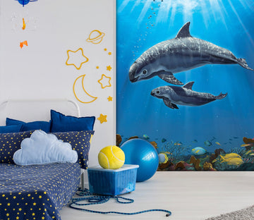 3D Dolphin Swimming 1568 Wall Murals Exclusive Designer Vincent Wallpaper AJ Wallpaper 