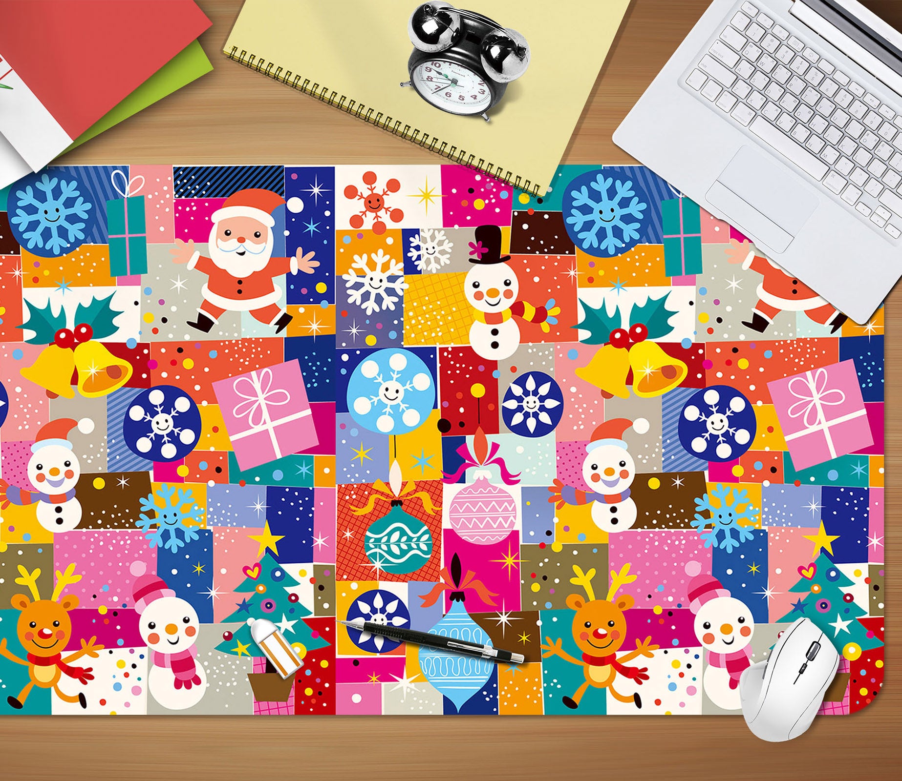 3D Snowflake Santa Claus Colorful Squares 53164 Christmas Desk Mat Xmas