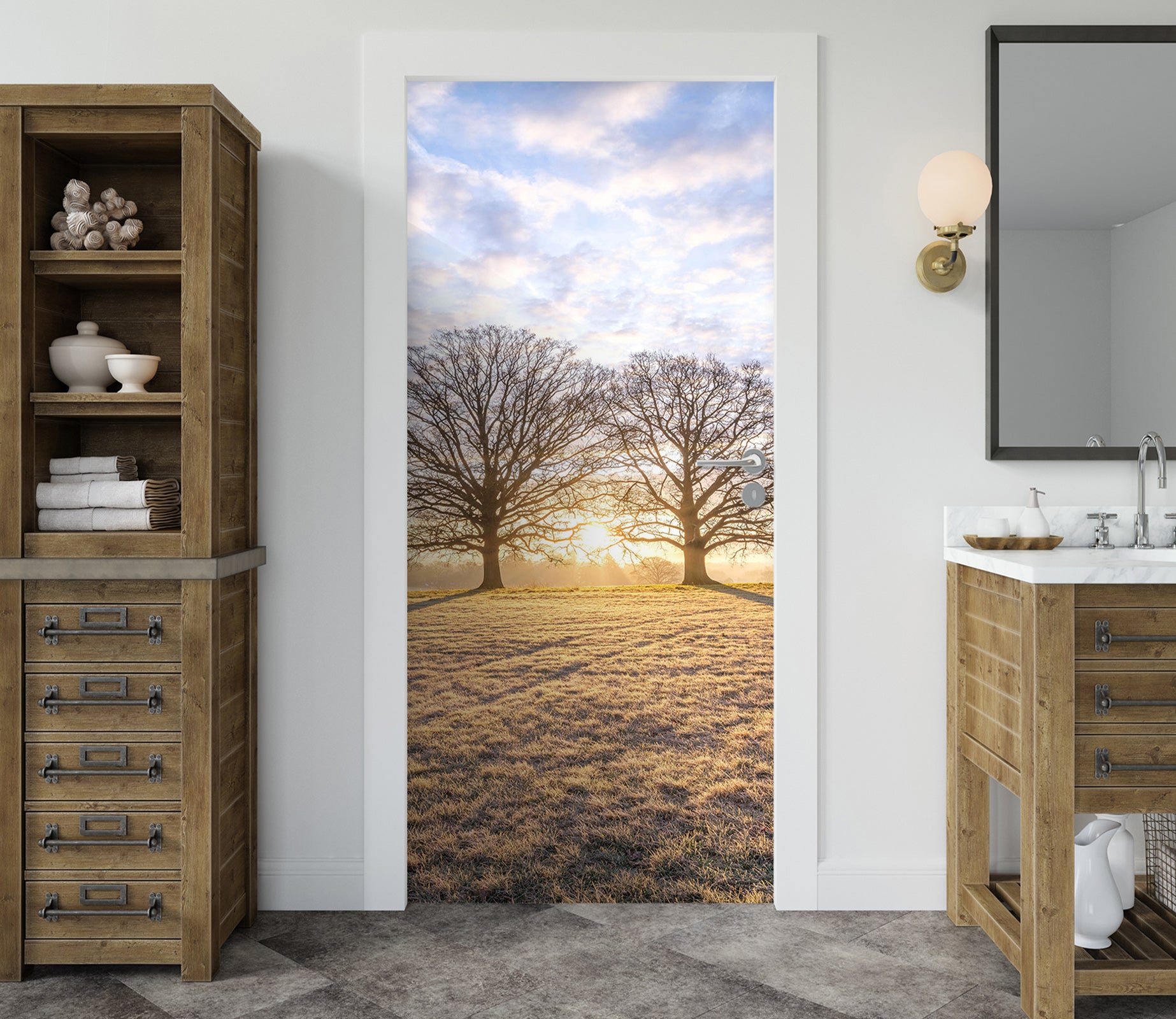 3D Two Trees Grass Sky 10241 Assaf Frank Door Mural