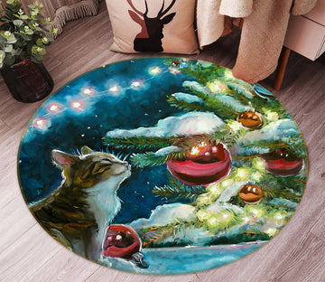 3D Cat Tree Ball 55234 Christmas Round Non Slip Rug Mat Xmas
