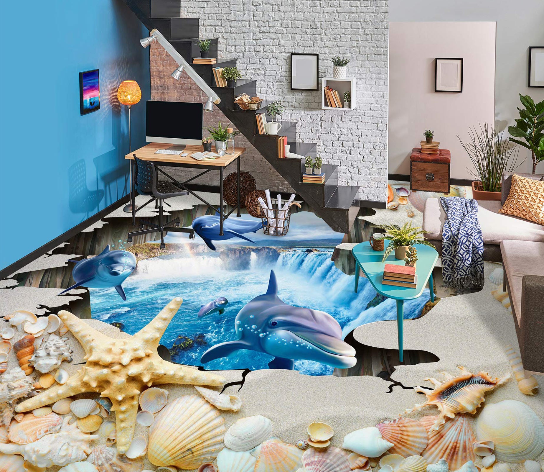 3D Curious Dolphins 150 Floor Mural  Wallpaper Murals Rug & Mat Print Epoxy waterproof bath floor