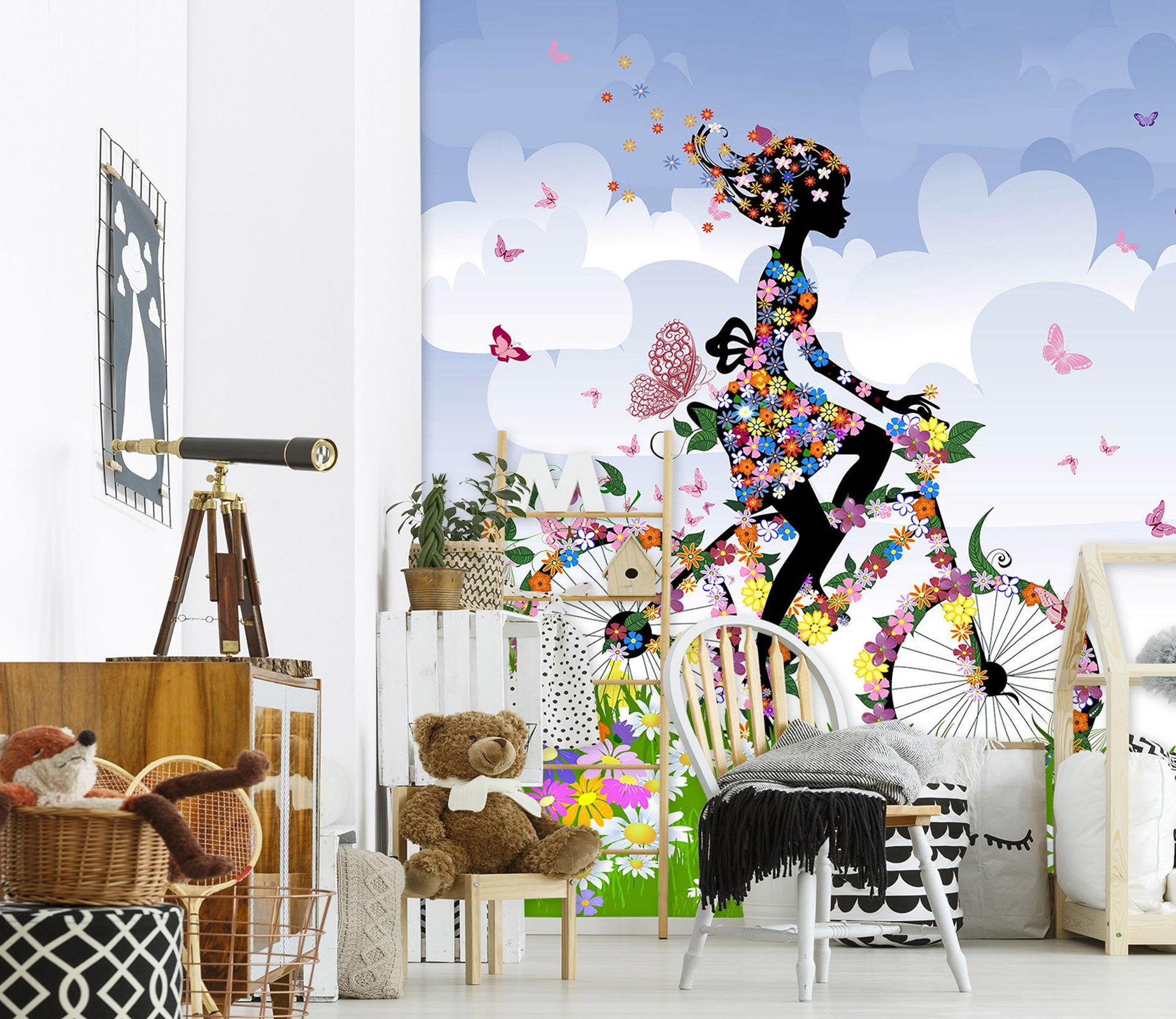 3D Flower Girl Bicycle 005 Wall Murals