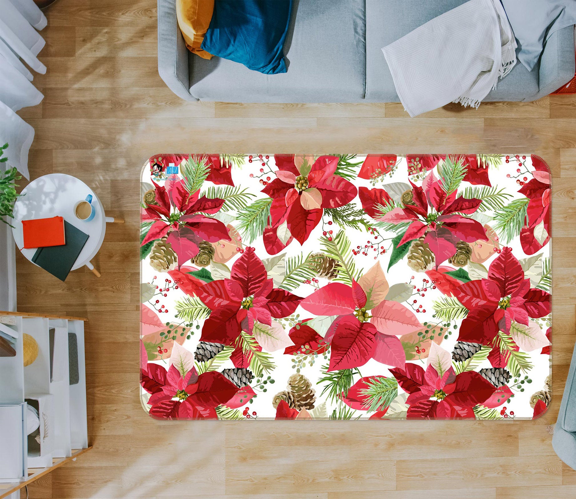 3D Red Leaves Flowers 56128 Christmas Non Slip Rug Mat Xmas