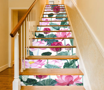 3D Pink Lotus Pond 494 Stair Risers
