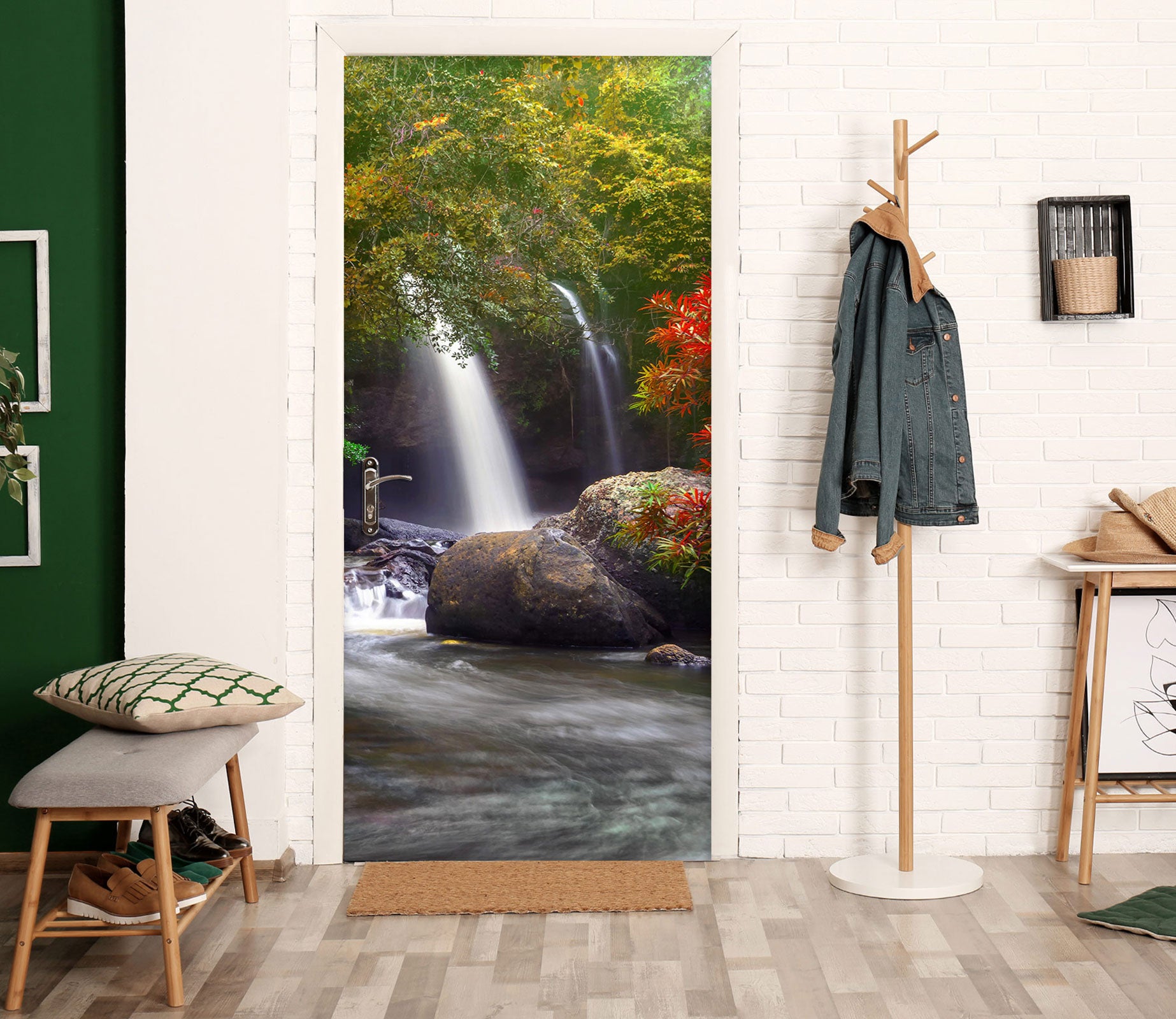 3D Stone Tree Waterfall 155 Door Mural